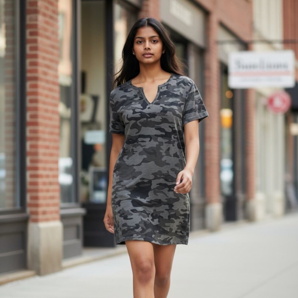 Mud Pie Dress - Green Camouflage V-neck, Short-sleeve‎ Cotton Dress
